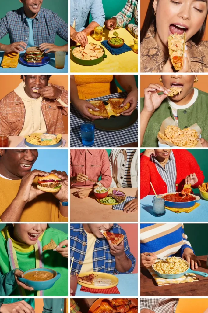 A collage of people enjoying various foods like burgers, tacos, nachos, pizza, and mac and cheese in colorful settings.