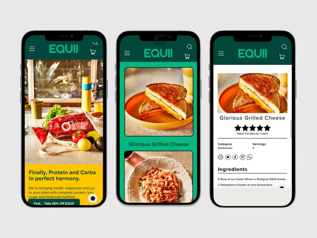 Three smartphones displaying an EQUII app, showing a promotion, grilled cheese sandwich, and recipe details.