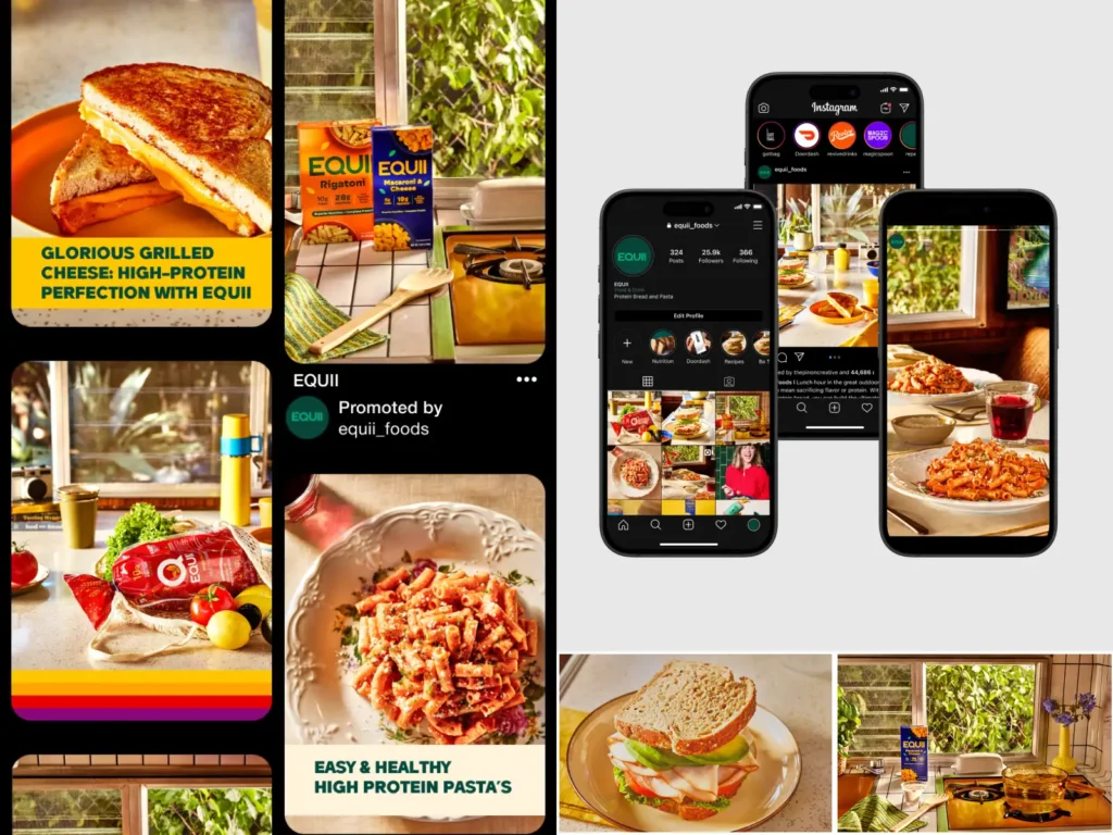 Promotional collage for EQUII foods featuring grilled cheese, pasta, packaged ingredients, and Instagram on phones.
