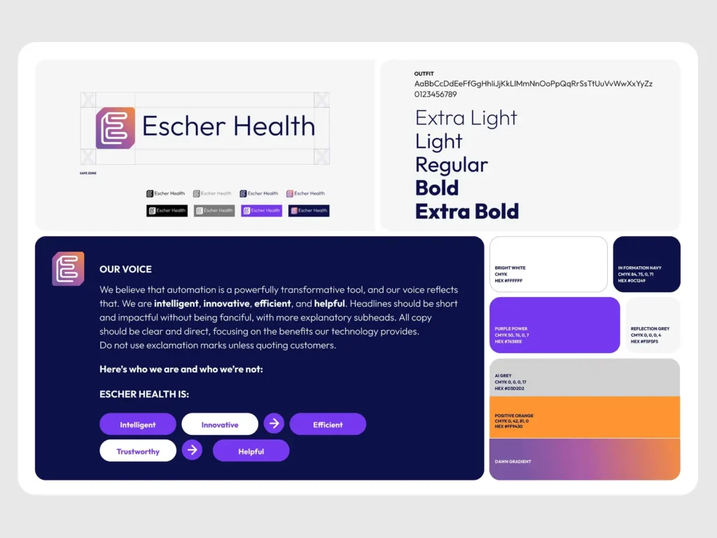Brand style guide for Escher Health, featuring logo designs, typography, color palette, and brand voice characteristics.