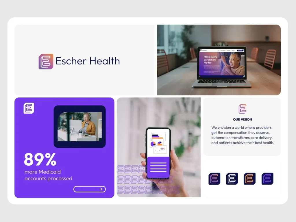 Escher Health branding with laptop, phone, vision statement, icons, and text indicating 89% increase in Medicaid processing.