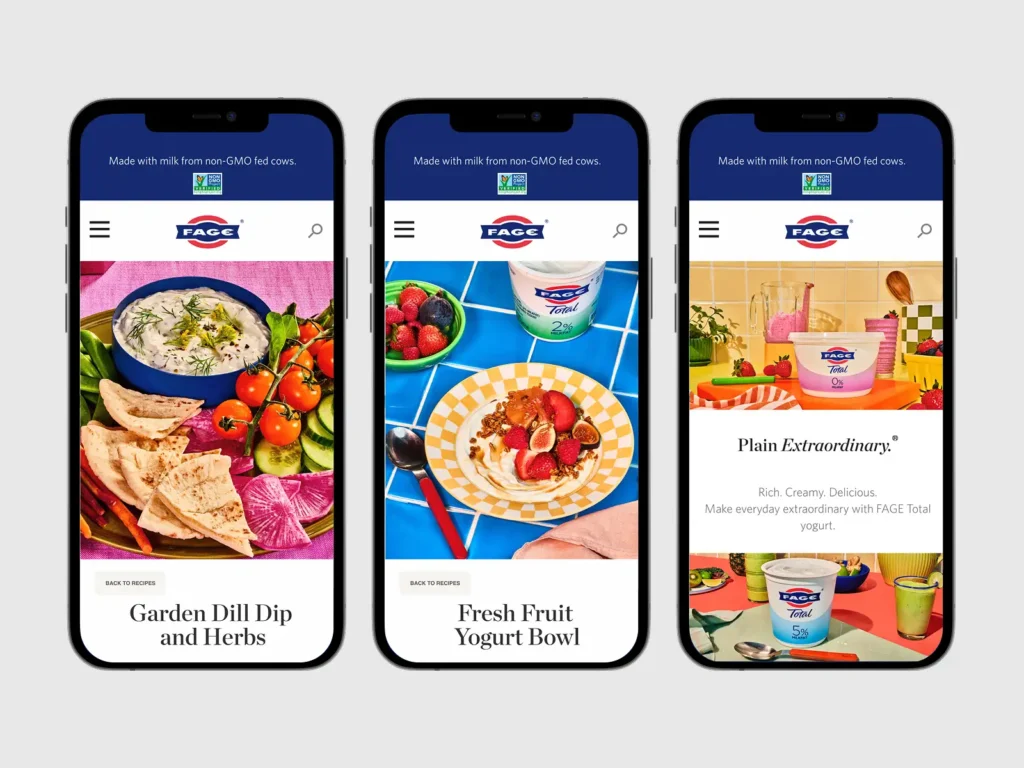 Three smartphone screens display FAGE yogurt recipes: Garden Dill Dip, Fresh Fruit Yogurt Bowl, and a plain yogurt ad.