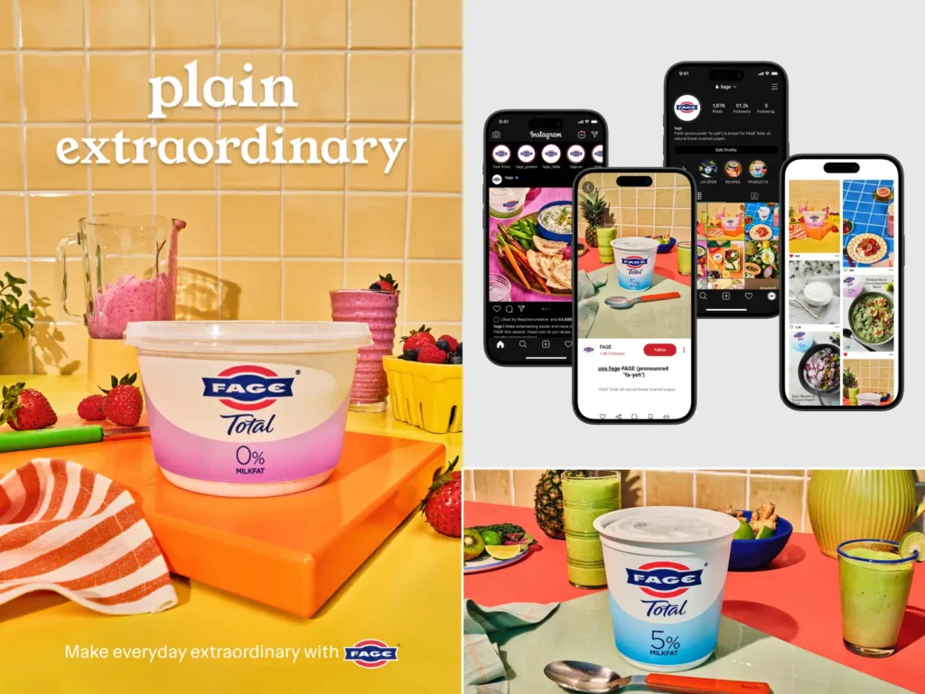 FAGE yogurt advertisement featuring product images, fruit and smoothies, with the tagline "plain extraordinary.