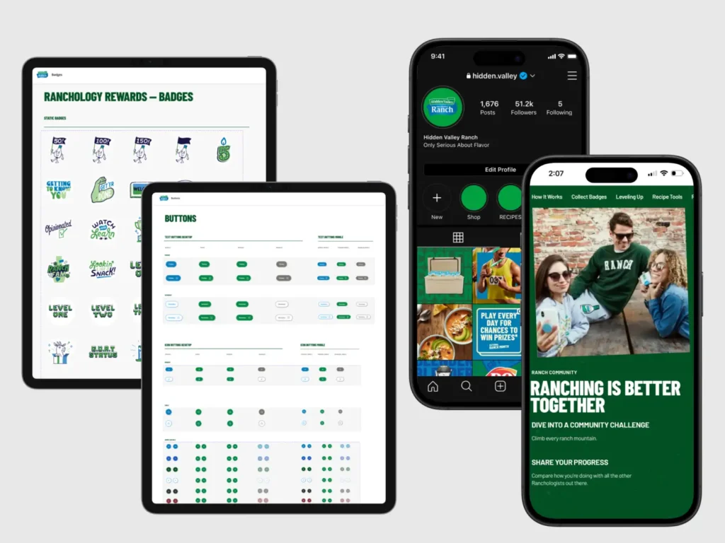 Two tablets and two smartphones display Hidden Valley Ranch's rewards program, badges, buttons, and social media.