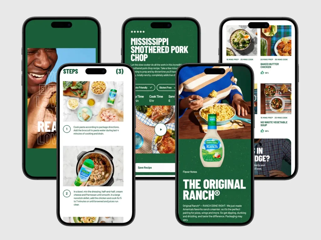 Five smartphone screens displaying recipes, ingredients, and ranch dressing with a person eating macaroni.