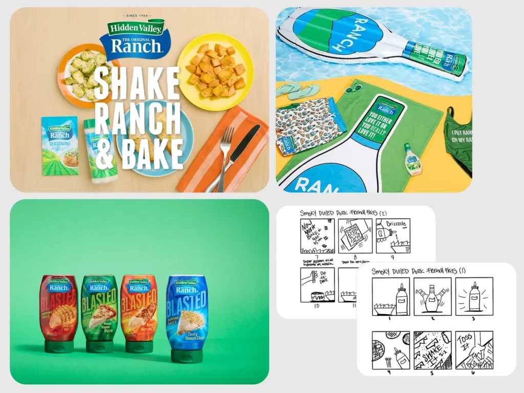 Collage featuring Hidden Valley Ranch products, recipes, and themed merchandise on colorful backgrounds.
