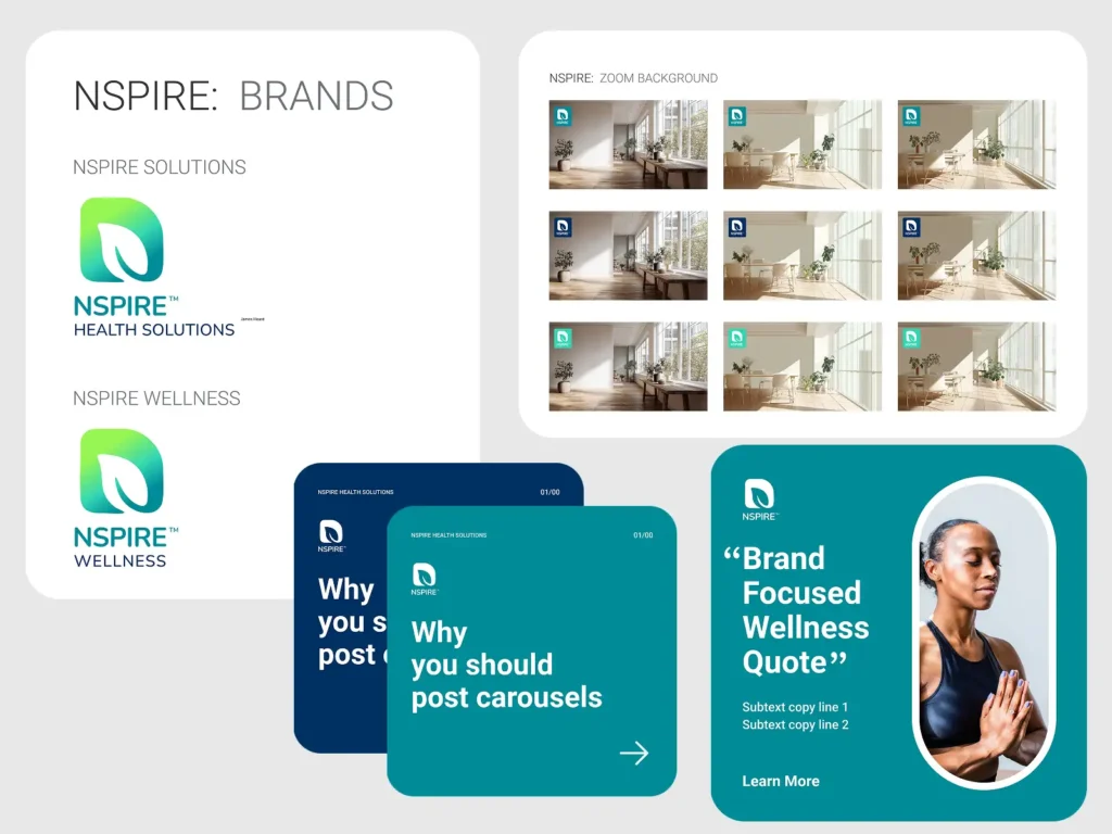 Logos and promo materials for NSPIRE Health Solutions and Wellness, with images of zoom backgrounds and a wellness quote.