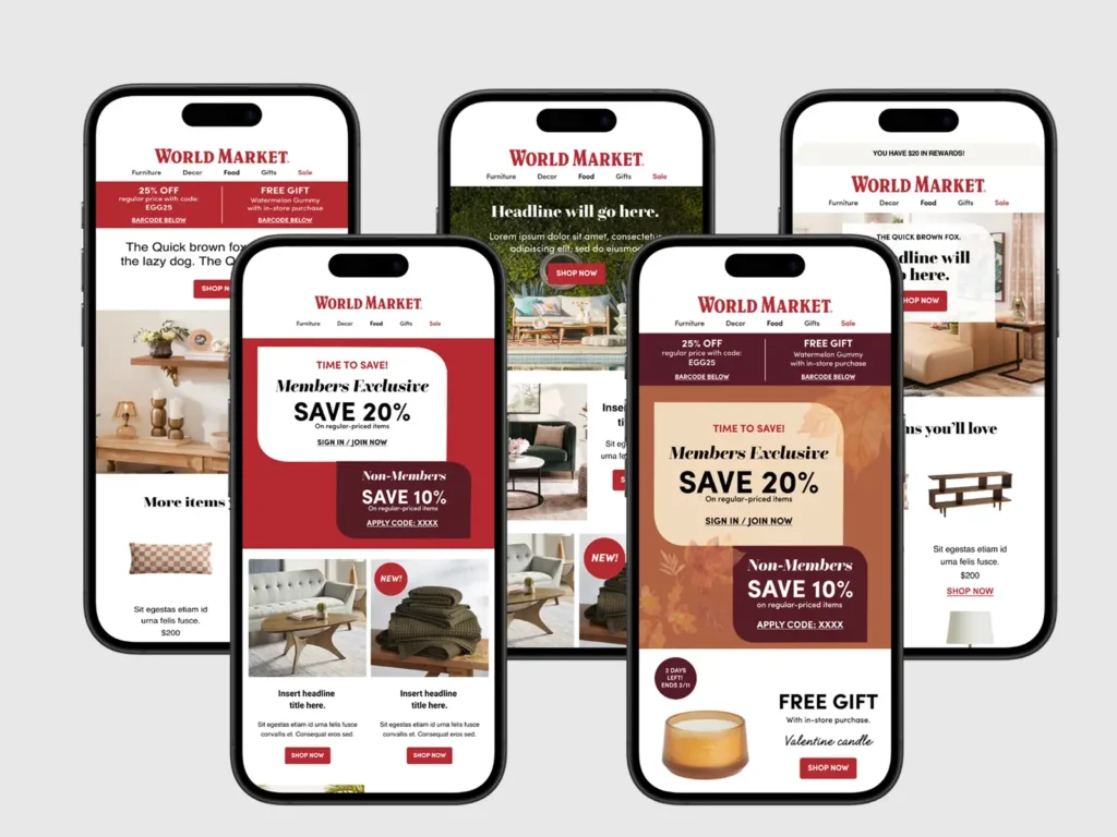 Six smartphones displaying various World Market promotional offers, including discounts and free gifts, on their screens.