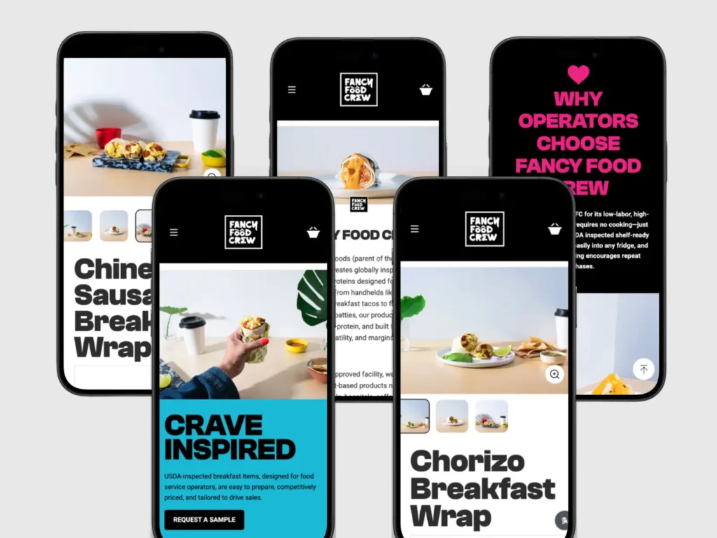 Five smartphones display a food delivery app, showcasing breakfast wraps with colorful text and images.