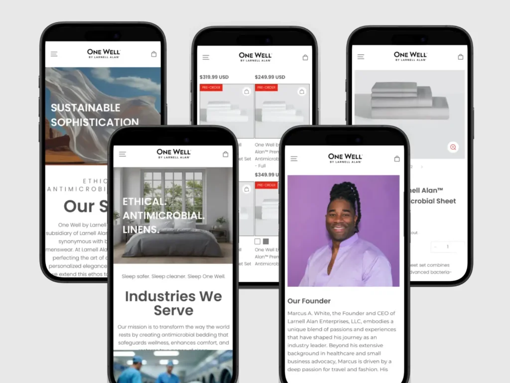 Five smartphones display One Well's website featuring antimicrobial linens, sustainable themes, and a founder's image.