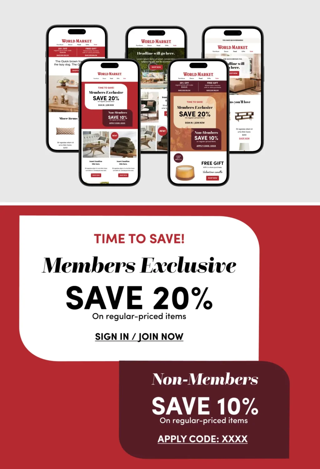Promotional offers for World Market products, displaying 20% savings for members and 10% for non-members with a code.