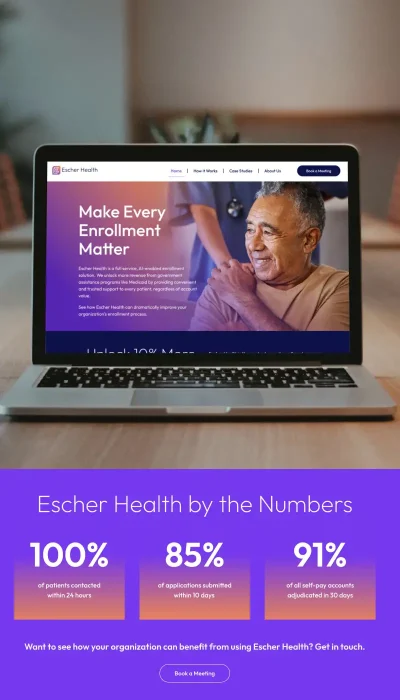 Laptop displaying Escher Health's enrollment service, with statistics on patient contact and application completion below.