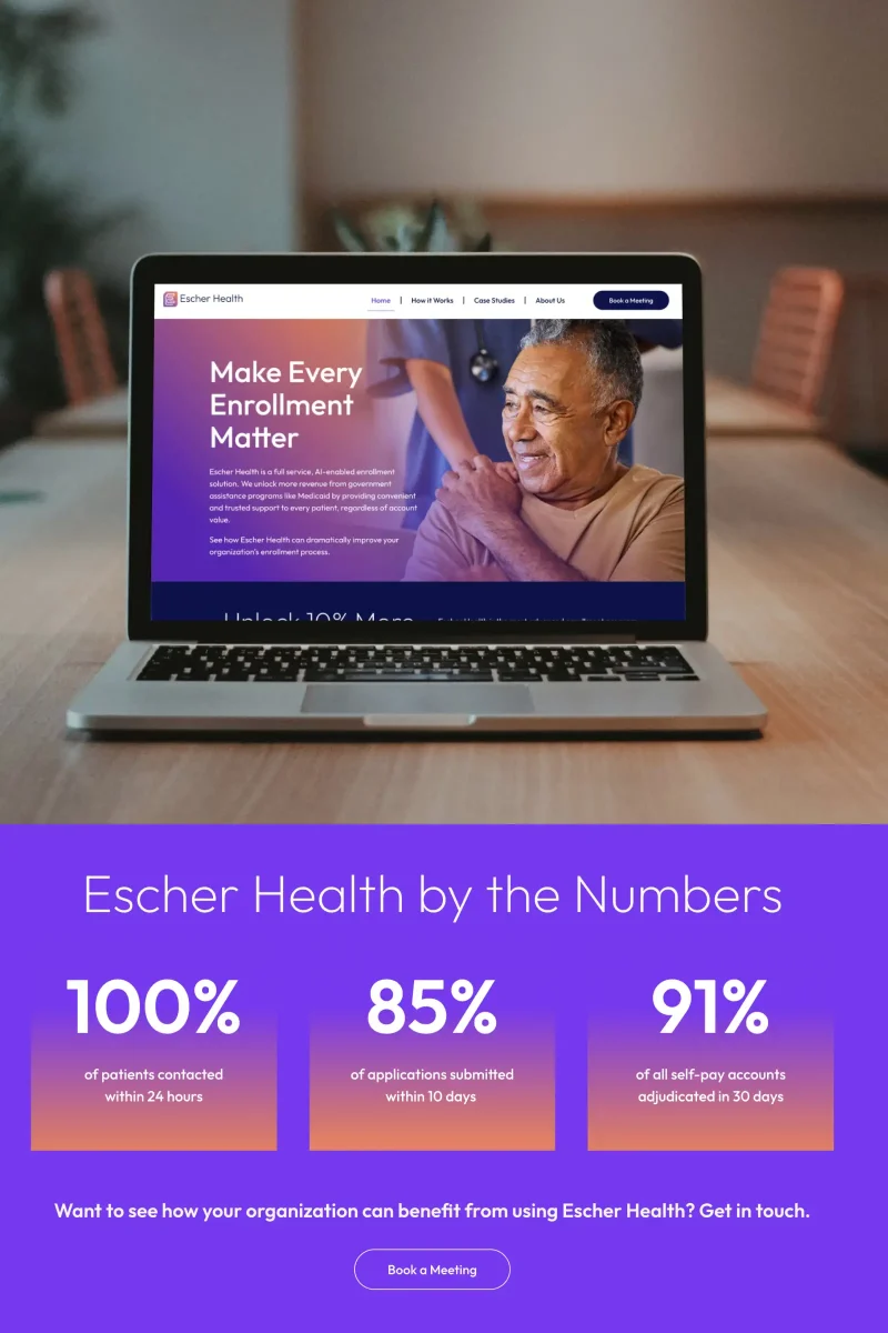 Laptop displaying Escher Health AI enrollment site. Below, statistics highlight patient contact and application efficiency.
