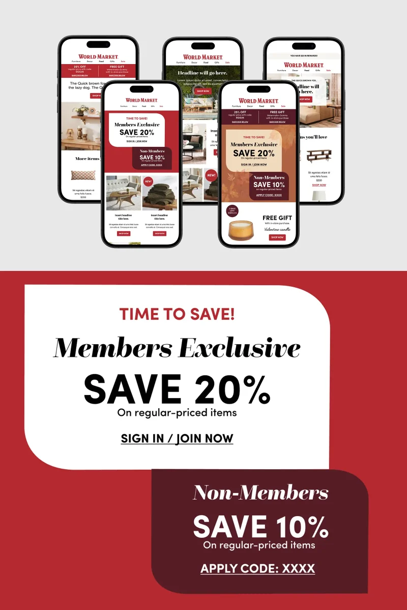 Five smartphones display a World Market promotion offering 20% off for members and 10% for non-members.