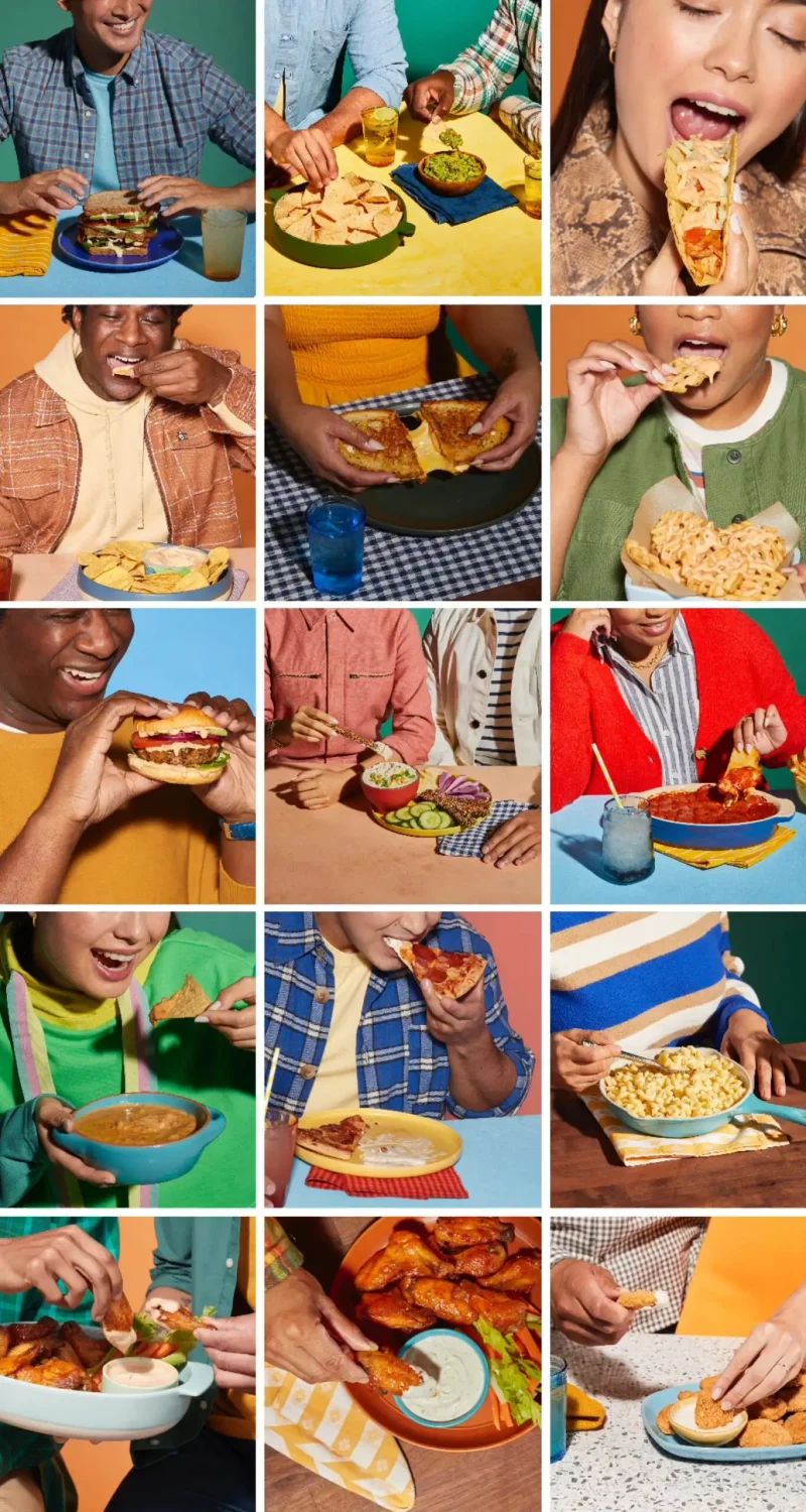 Various people enjoying different comfort foods, including burgers, nachos, pizza, wings, and macaroni and cheese.