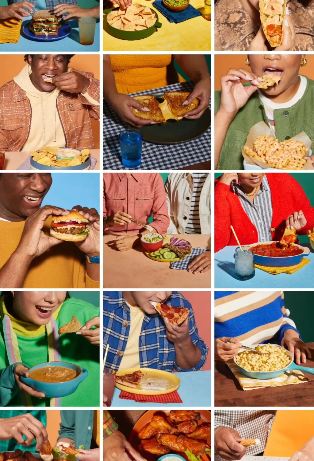 Various people enjoying different comfort foods, including burgers, nachos, pizza, wings, and macaroni and cheese.