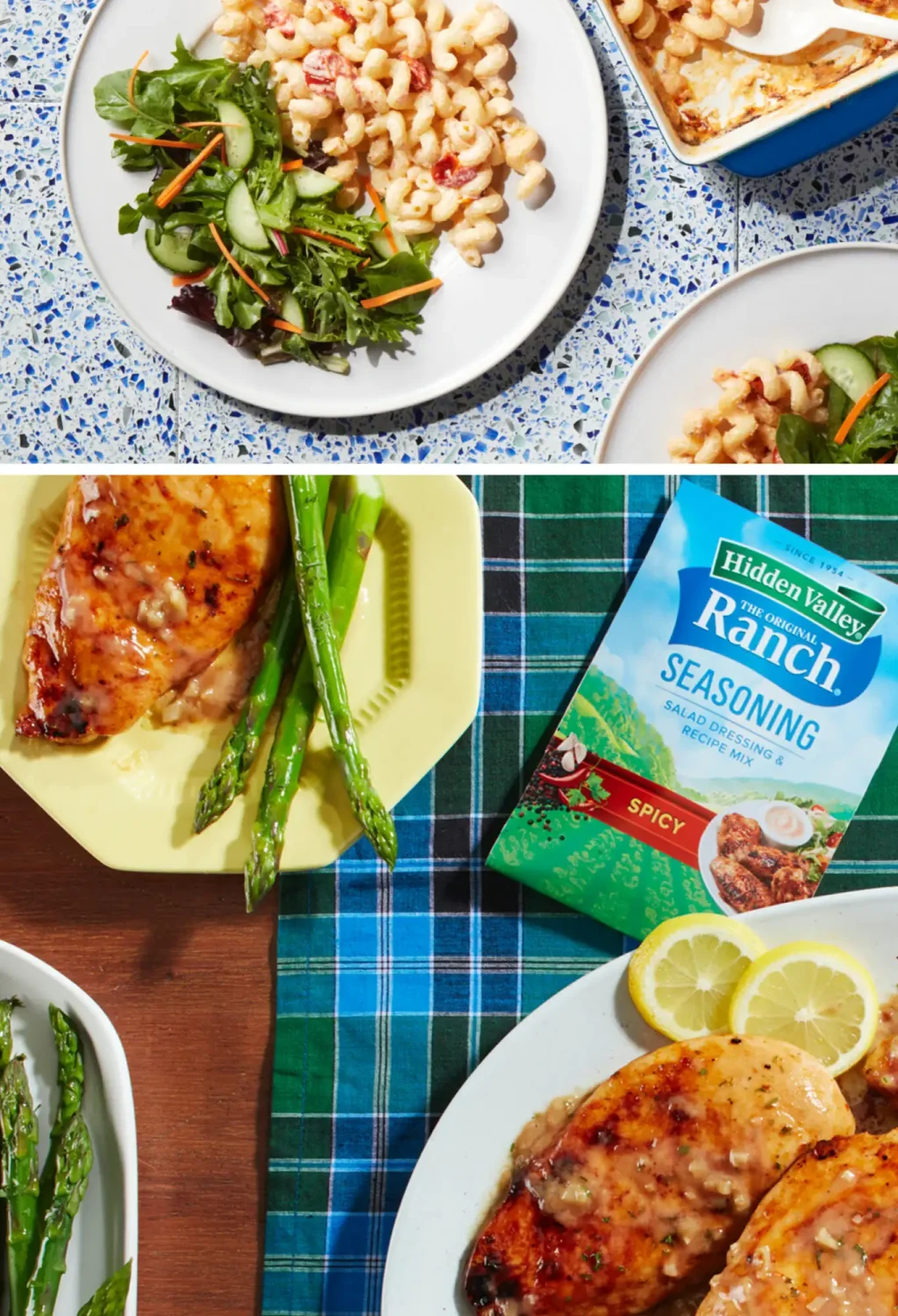 Mac and cheese with salad on a table, grilled chicken with asparagus, and a spicy ranch seasoning pack.