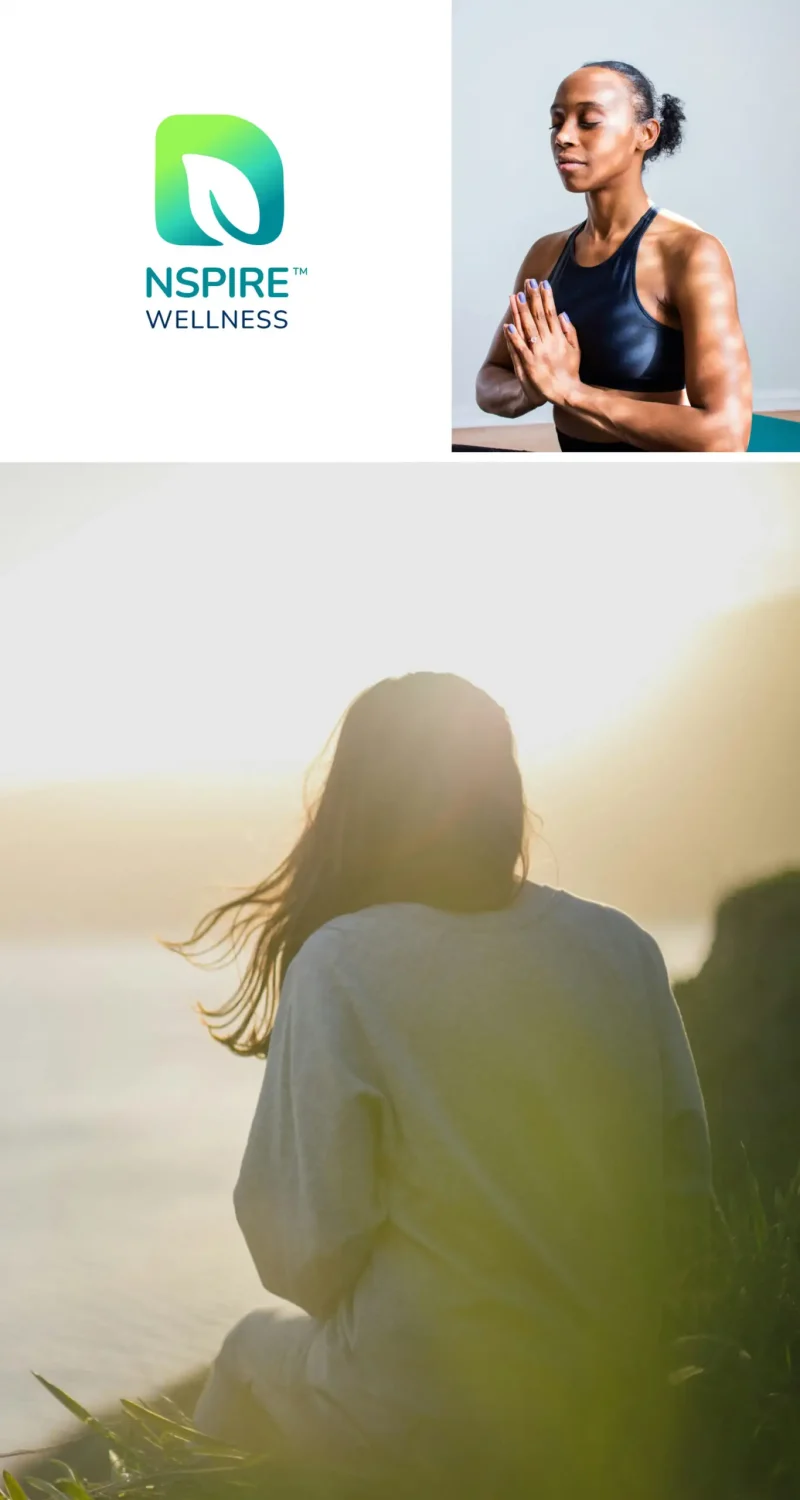 NSPIRE Wellness logo alongside a person meditating and another sitting by water at sunset.