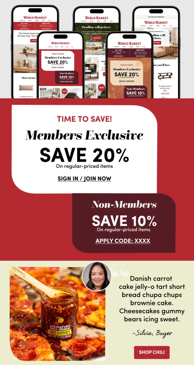Smartphones display a World Market sale, offering 20% off for members and 10% for non-members. Momofuku Hot Honey featured.